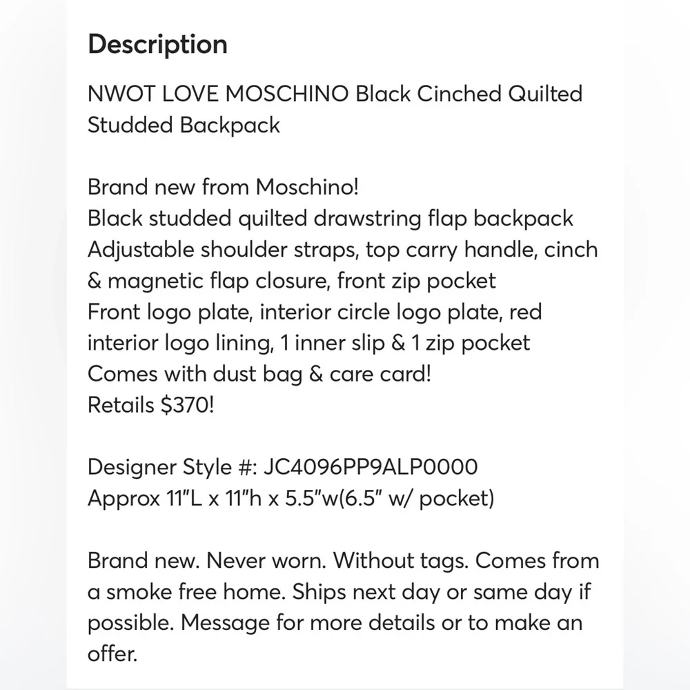 NWOT Love Moschino Black and Gold Leather Quilted Backpack - Picture 11 of 15